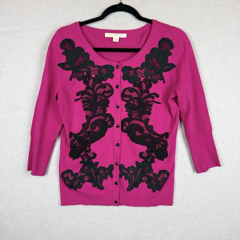 Boston Proper Fuchsia Pink‎ Black Lace Applique Cardigan Sweater 3/4 Sleeve Sz S